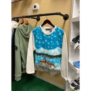 Vintage Catalina Men Snowy Twilight Crewneck Fleece Sweatshirt XL Nature Deer